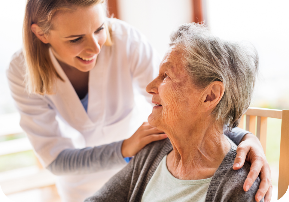 Healthcare worker caring for elderly woman, supplements health support concept