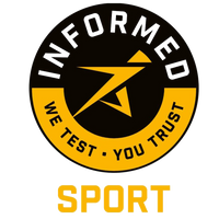 Informed Sport logo for supplements health, black and yellow badge with text and symbol.