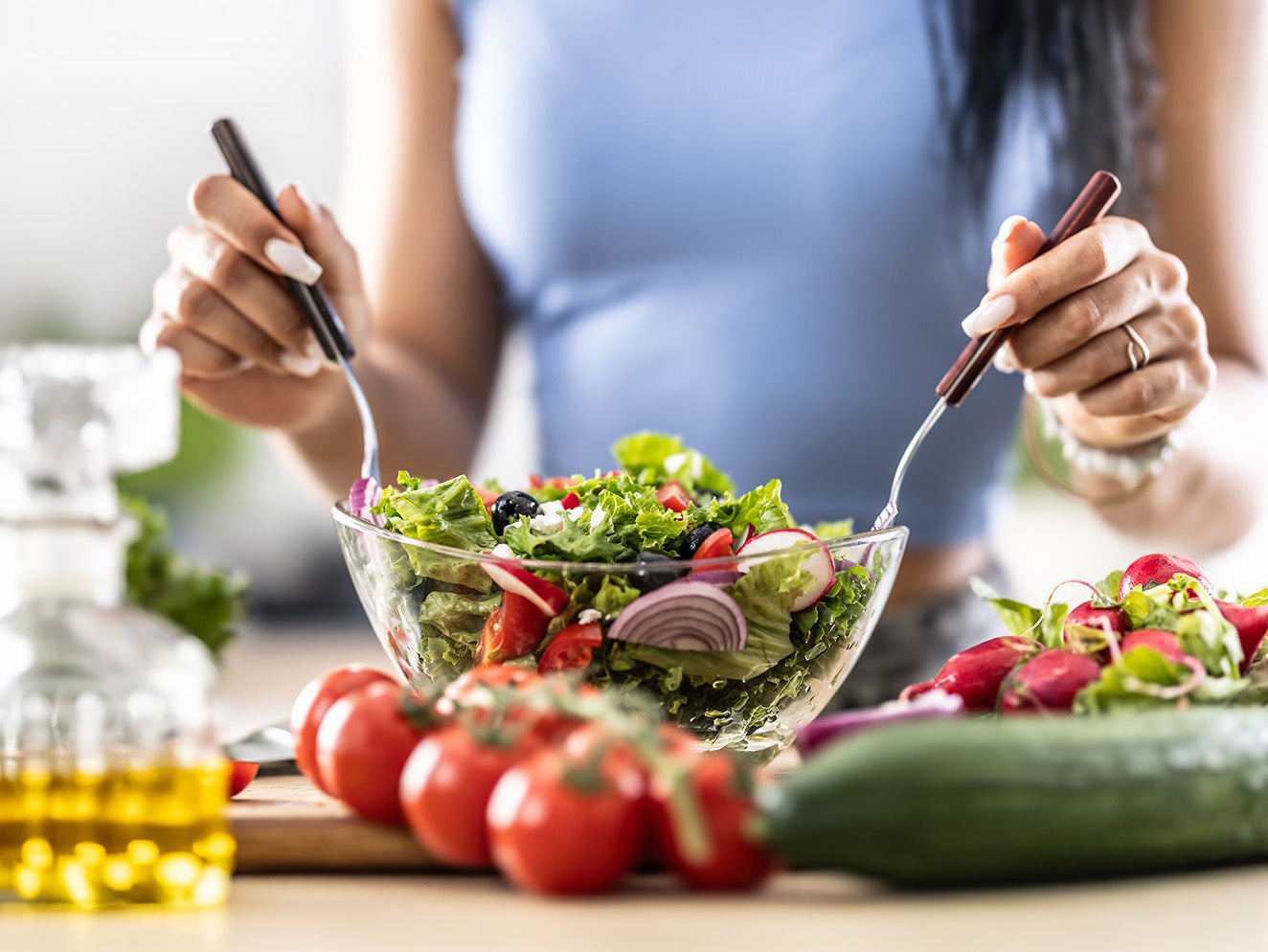Fresh vegetable salad in a glass bowl, healthy supplements and health concept