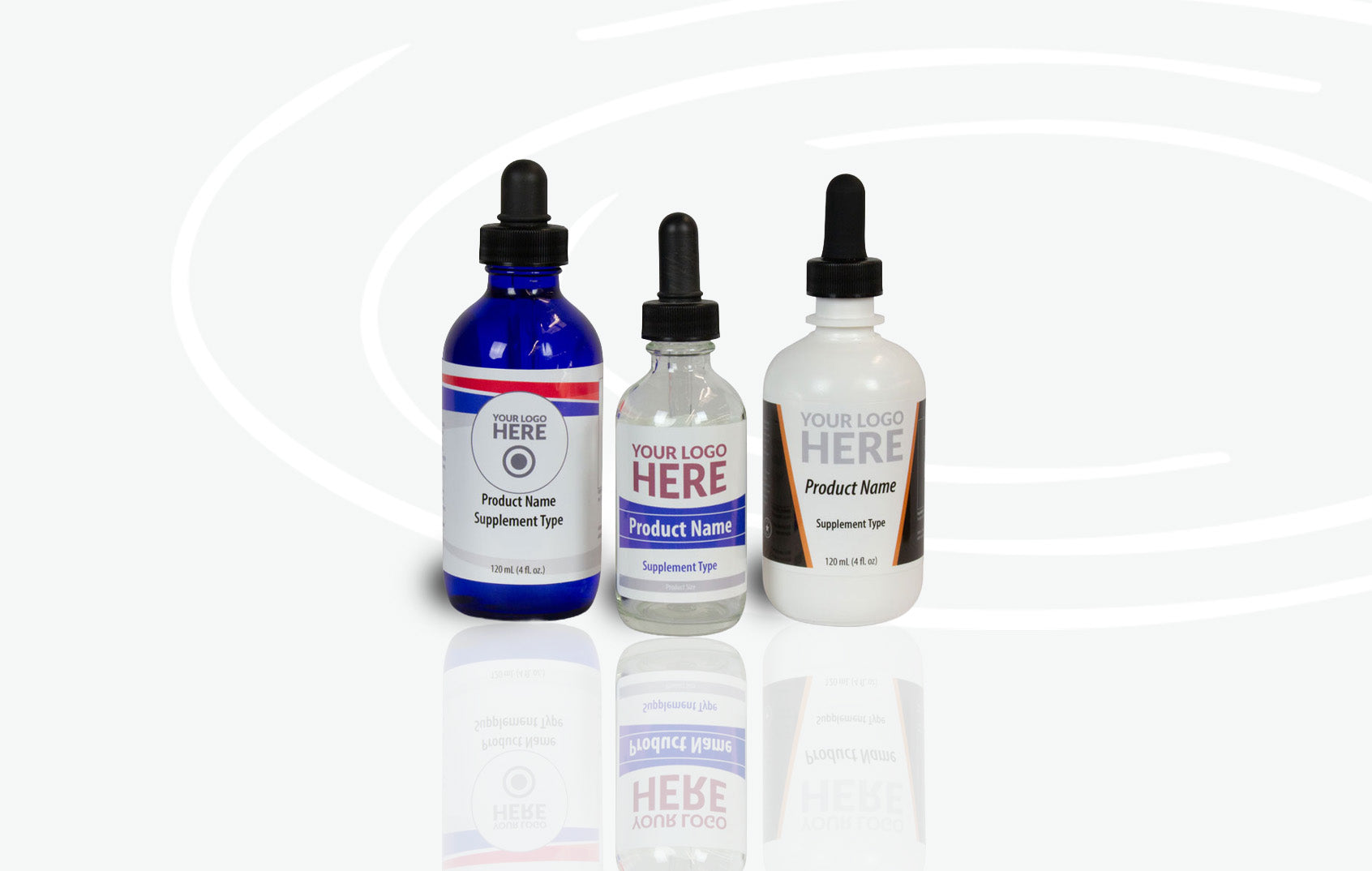 Three dropper bottles with customizable labels for supplements health